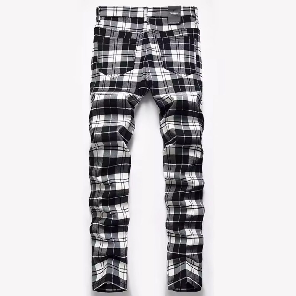 #R18 Men’s White and Black Plaid Slim Stretch Pants - Picture 2 of 3